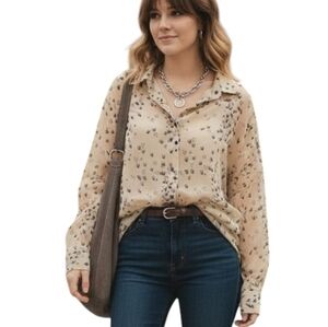 Atmosphere Swallow Print Sheer Blouse Women 10 Beige Black Button Front